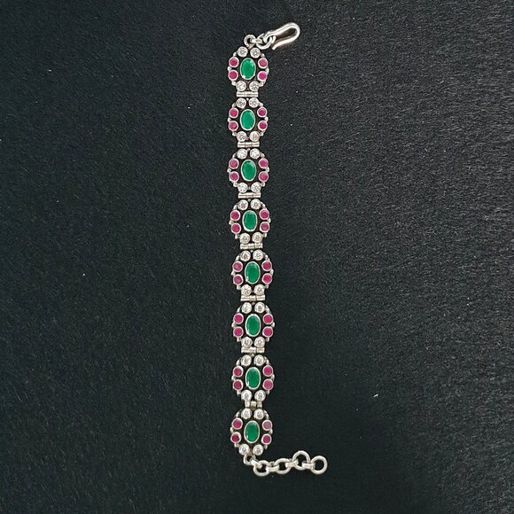 Vintage Mughal Revival 925 Silver Genuine Ruby & Green Crystal Floral Bracelet - Picture 5 of 13